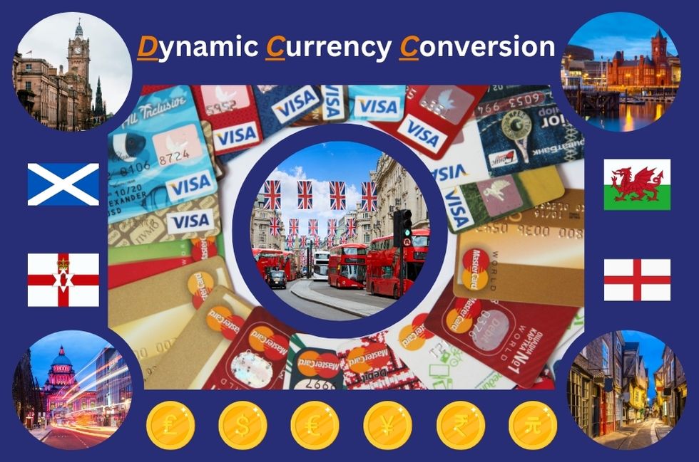 Dynamic Currency Conversion, letting international visitors to the UK pay in their own currency or in GBP. Picture show Edinburgh Scotland, Belfast Northern Ireland, Cardiff Wales, London UK and York England. symbols of rupee, yen, yuan, euro, dollar, GBP